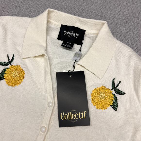 Collectif Cardigan Sweater Womens 8 White Flower Knit Collared Preppy Cropped - Picture 3 of 8